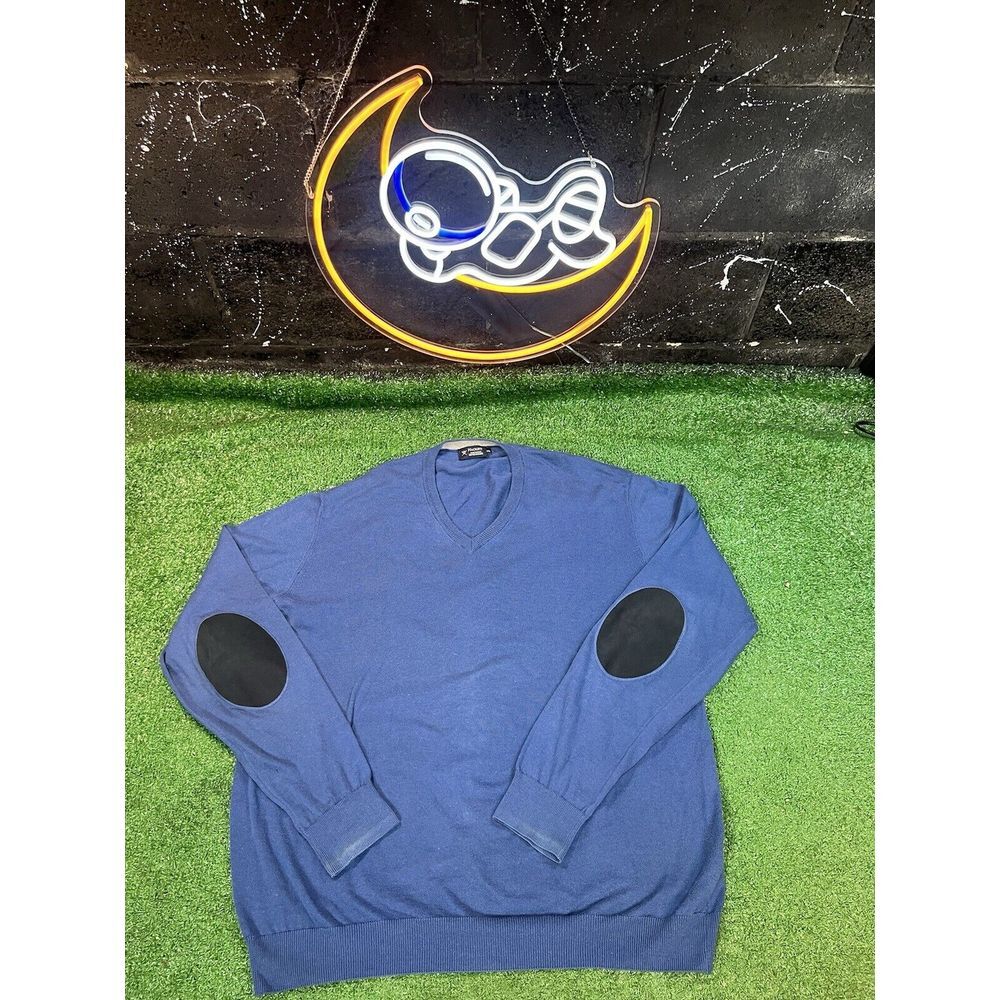 Hackett Sweater Mens Cashmere Size XXL Pullover Blue V-Neck Jumper Cotton Elbow